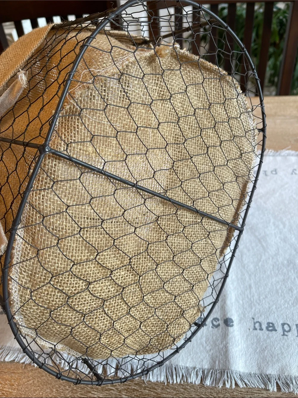 Rustic Burlap-Lined Wire Basket with Handle - Natural